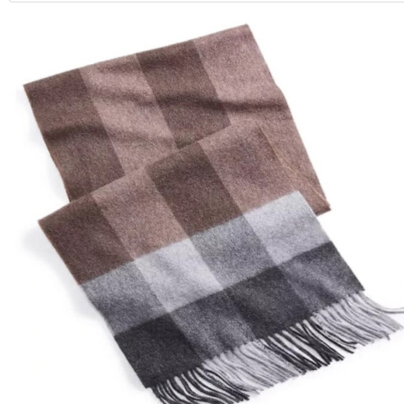 CLUB ROOM Men's 100% Cashmere Plaid Scarf Tan/ Grey ONE SIZE - Picture 2 of 5
